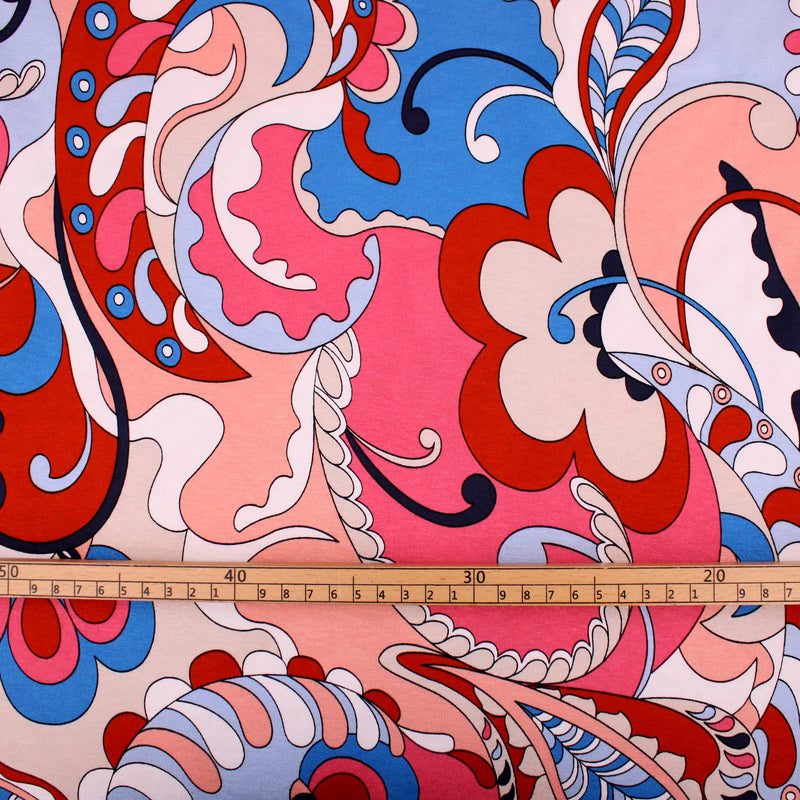 Retro 70s Viscose Jersey Paisley Pattern Dressmaking Fabric Knit Soft Women Rayon Lawn Spandex Floral Waves Swirl Zig Zag Stretch Coral