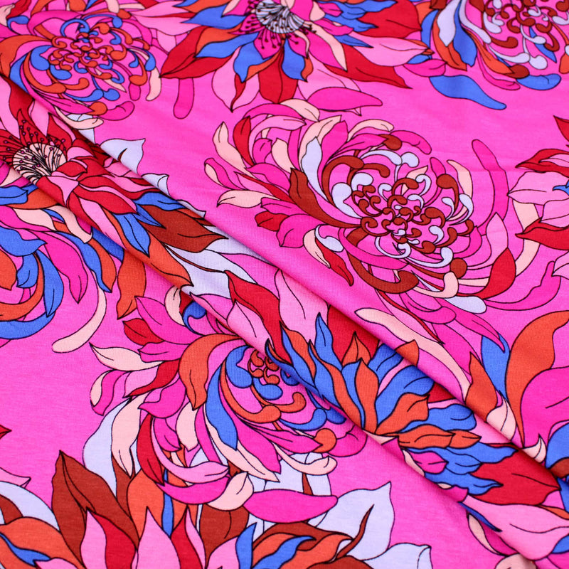 Retro 70s Viscose Jersey Bold Flowers Pattern Dressmaking Fabric Knit Soft Women Rayon Lawn Spandex Floral Waves Via Magenta Stretch Pink Fucshia