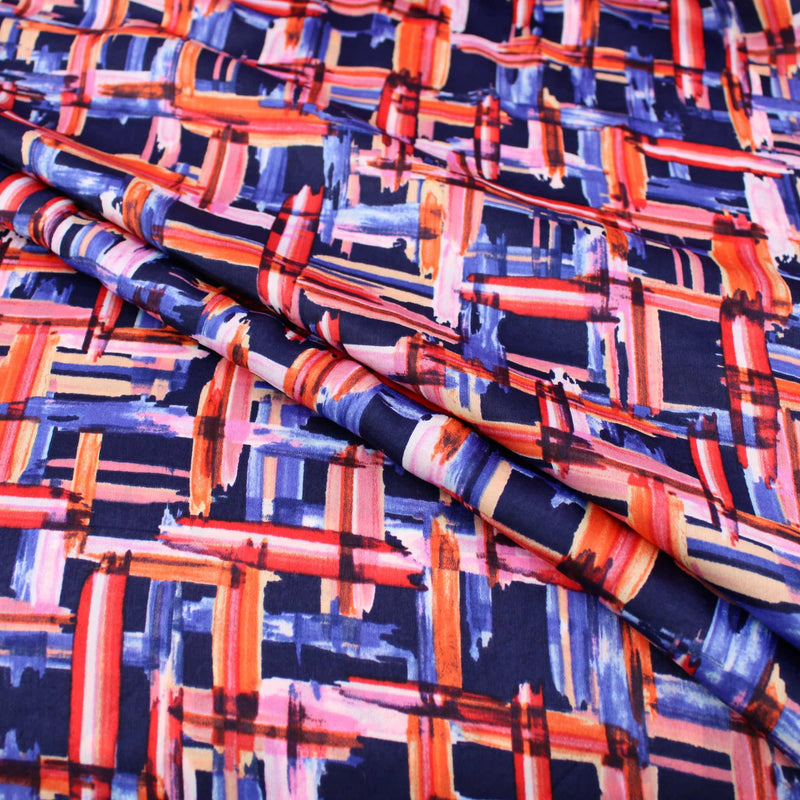 Retro Poly Satin Squares Pattern Dressmaking Fabric Silky Soft Material Sateen Women 70s Geometric Shapes Sheen  Navy