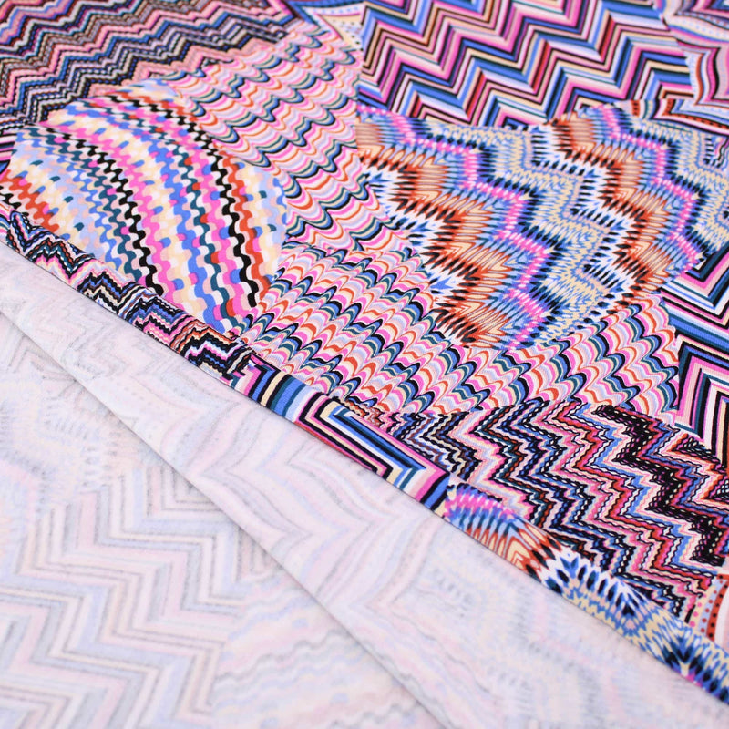 Retro 70s Viscose Jersey Zig Zag Pattern Dressmaking Fabric Knit Soft Women Rayon Lawn Spandex Floral Waves Swirl Paisley Stretch Fuchsia
