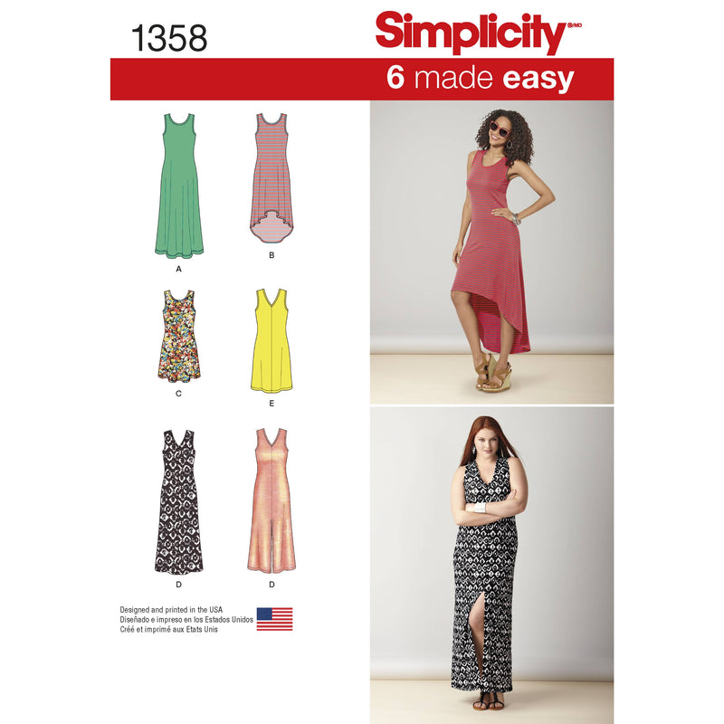 Simplicity Women's Knit Dresses with Length and Neckline Variations Sewing Pattern S1358