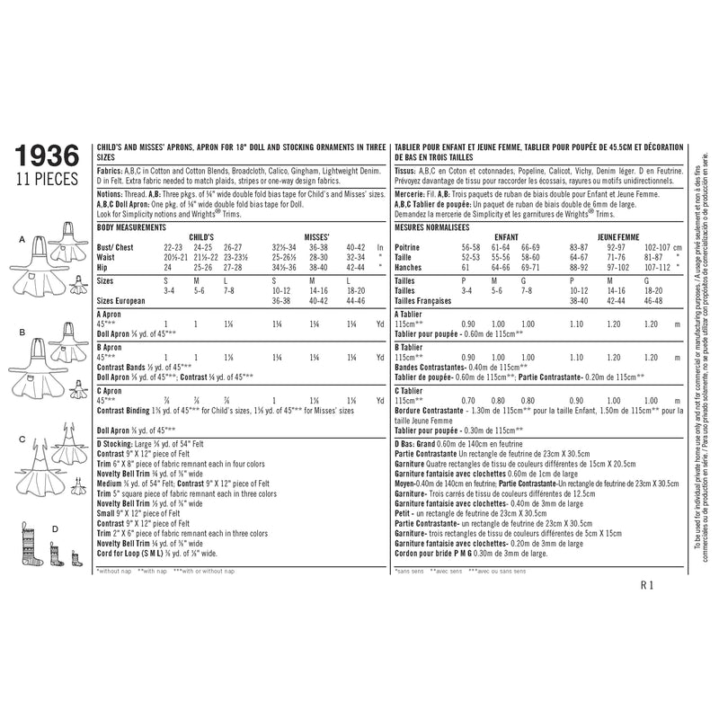 Simplicity Child's & Women's Aprons Sewing Pattern S1936