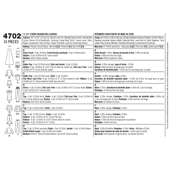 Simplicity Doll Clothes Sewing Pattern S4702