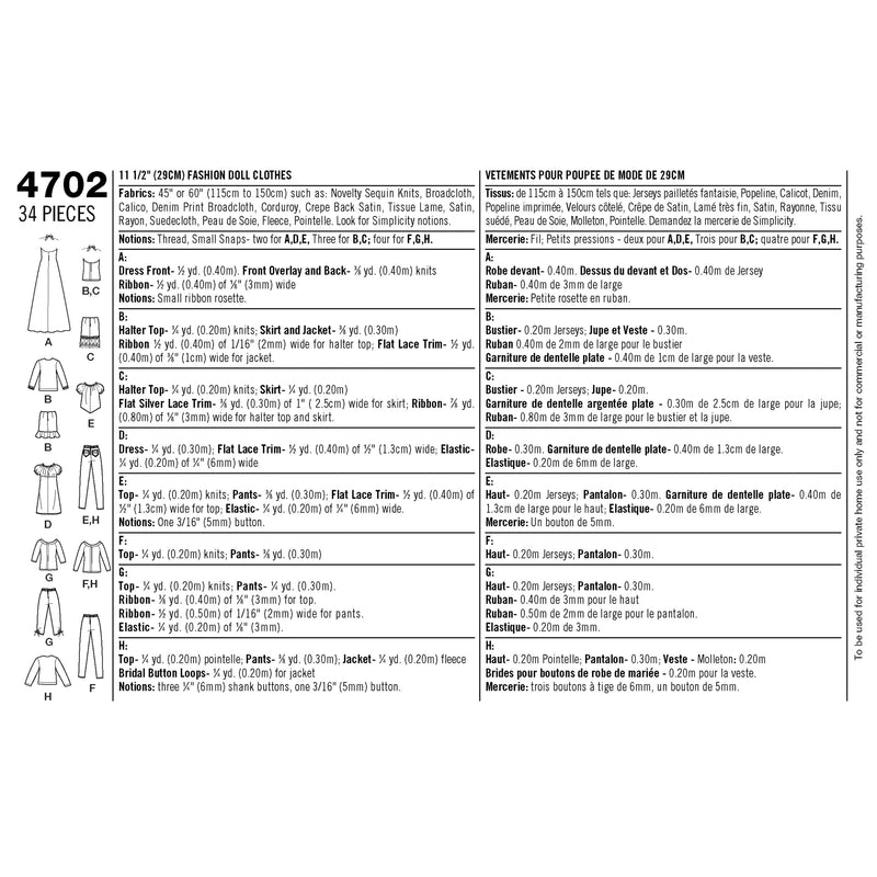 Simplicity Doll Clothes Sewing Pattern S4702