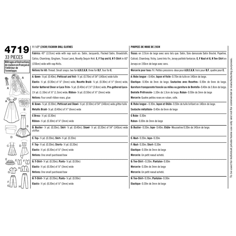 Simplicity Doll Clothes Sewing Pattern S4719