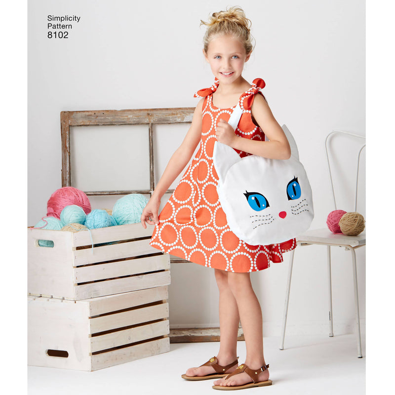 Simplicity Child's Easy-to-Sew Sundress and Kitty Tote Sewing Pattern S8102