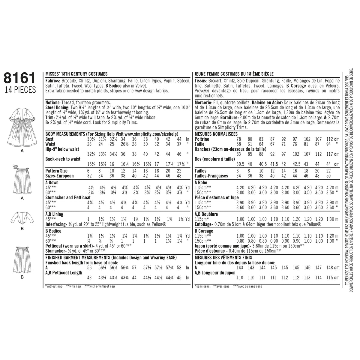 Simplicity Pattern 8161 Women's 18th Century Costumes