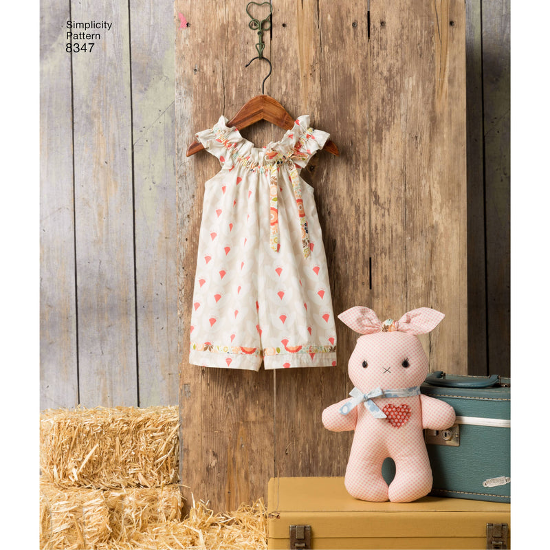 Simplicity Pattern 8347 Toddlers' dress, top and knit capris, and stuffed bunny