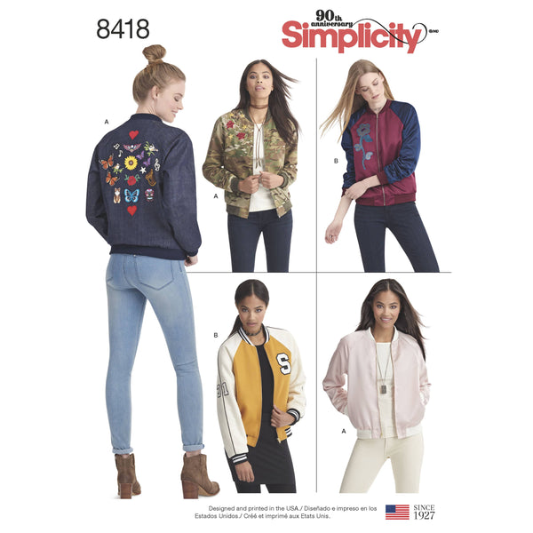 Simplicity Pattern 8418 Women's Lined Bomber Jacket with Fabric & Trim Variations