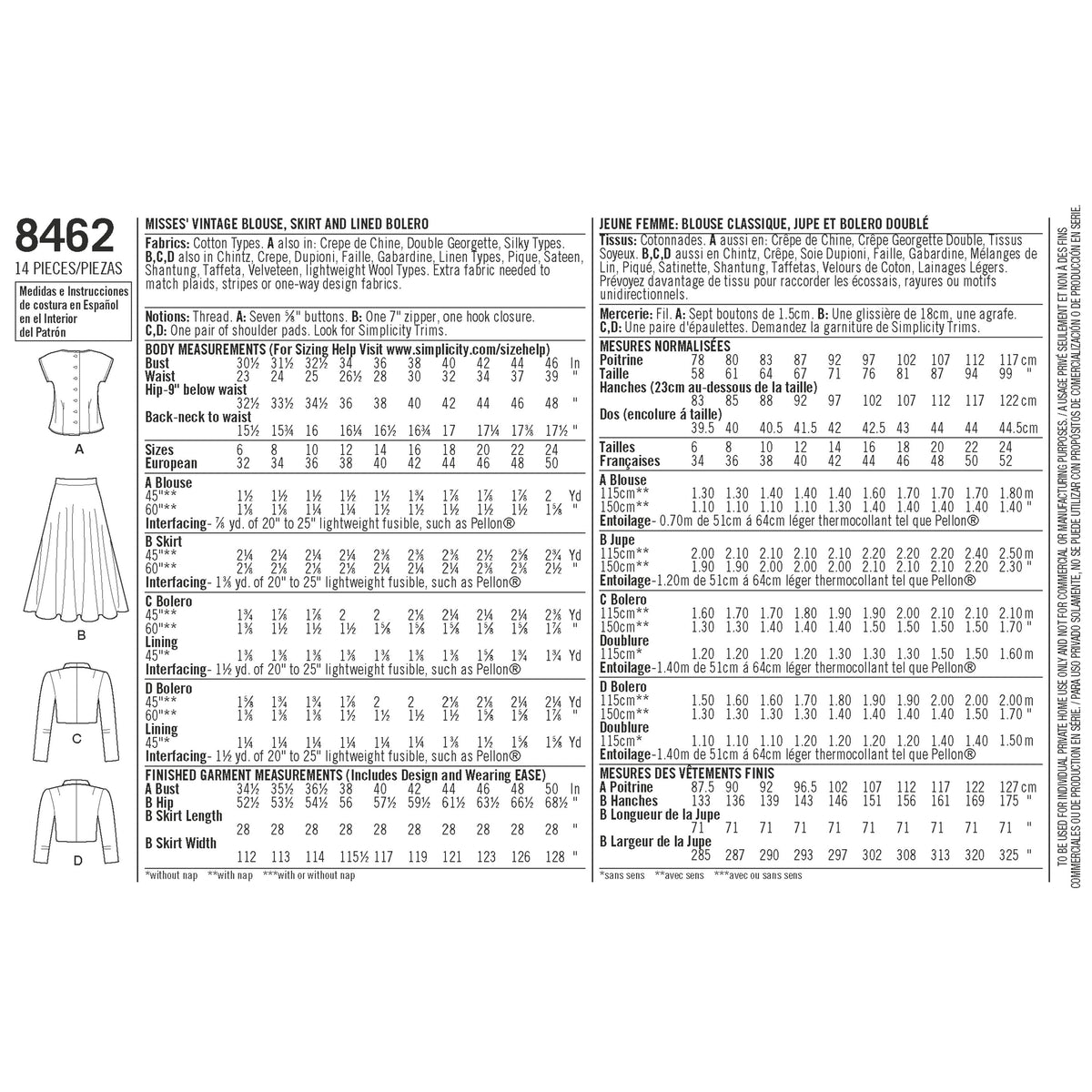Simplicity Pattern 8462 Women’s Vintage Blouse, Skirt and Lined Bolero