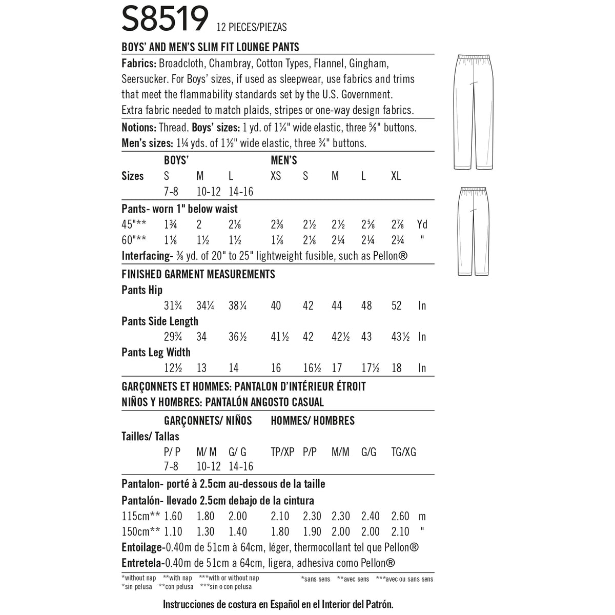 Simplicity Pattern 8519 Boys' and Men's Slim Fit Lounge Trousers