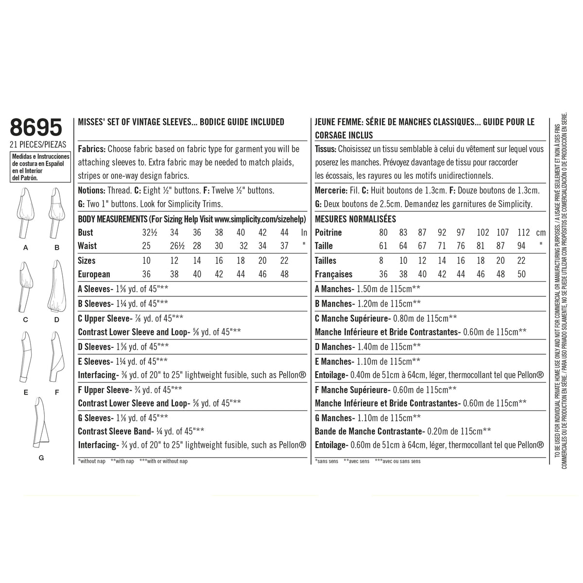 Pattern 8695 Women's Vintage Set of Sleeves