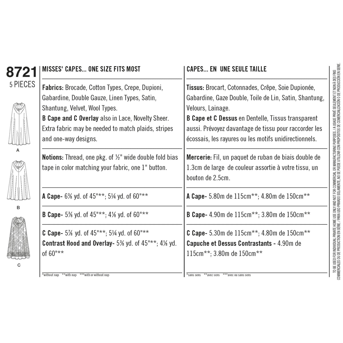 Pattern 8721 Misses Capes