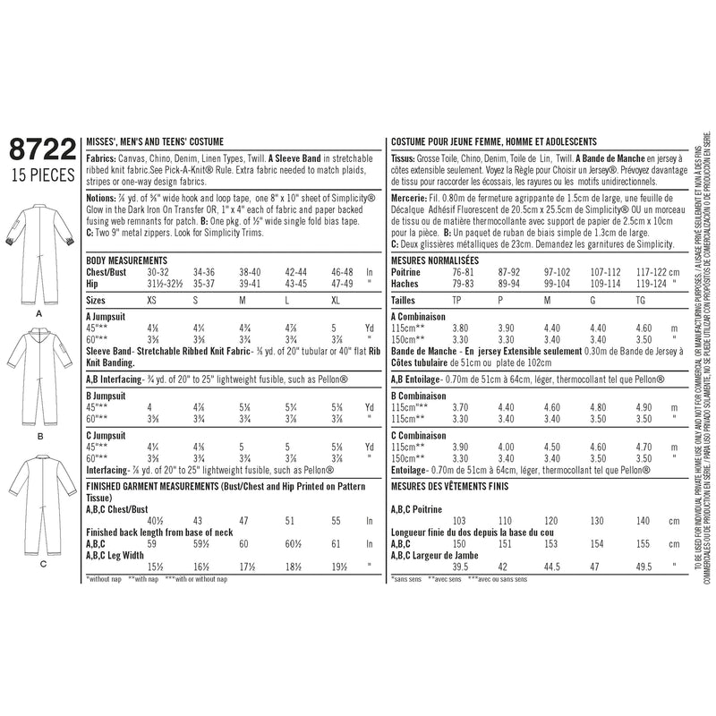 Pattern 8722 Women's, Men's and Teens' Costume