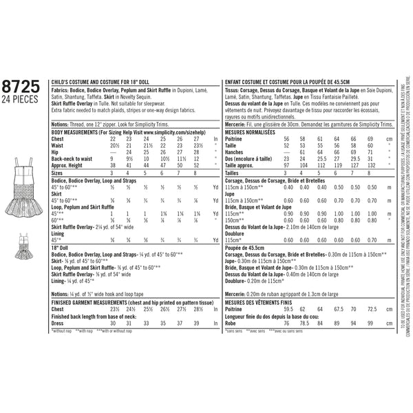 Pattern 8725 Child's and 18" Doll Costumes