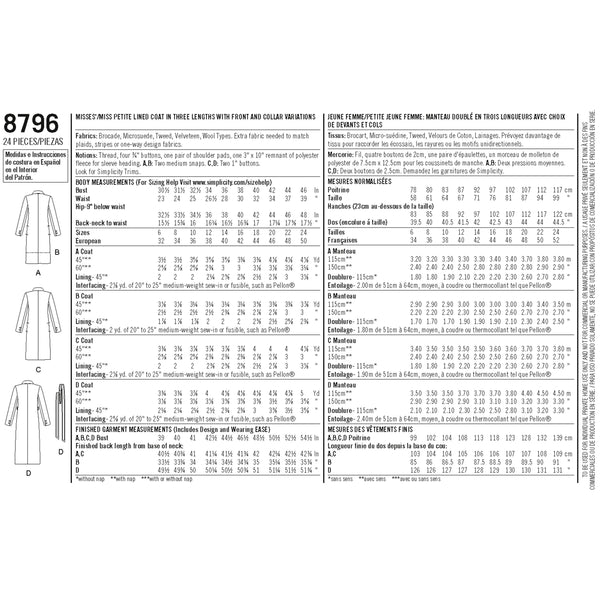 Simplicity Pattern 8796 Misses/ Petite Lined Coat