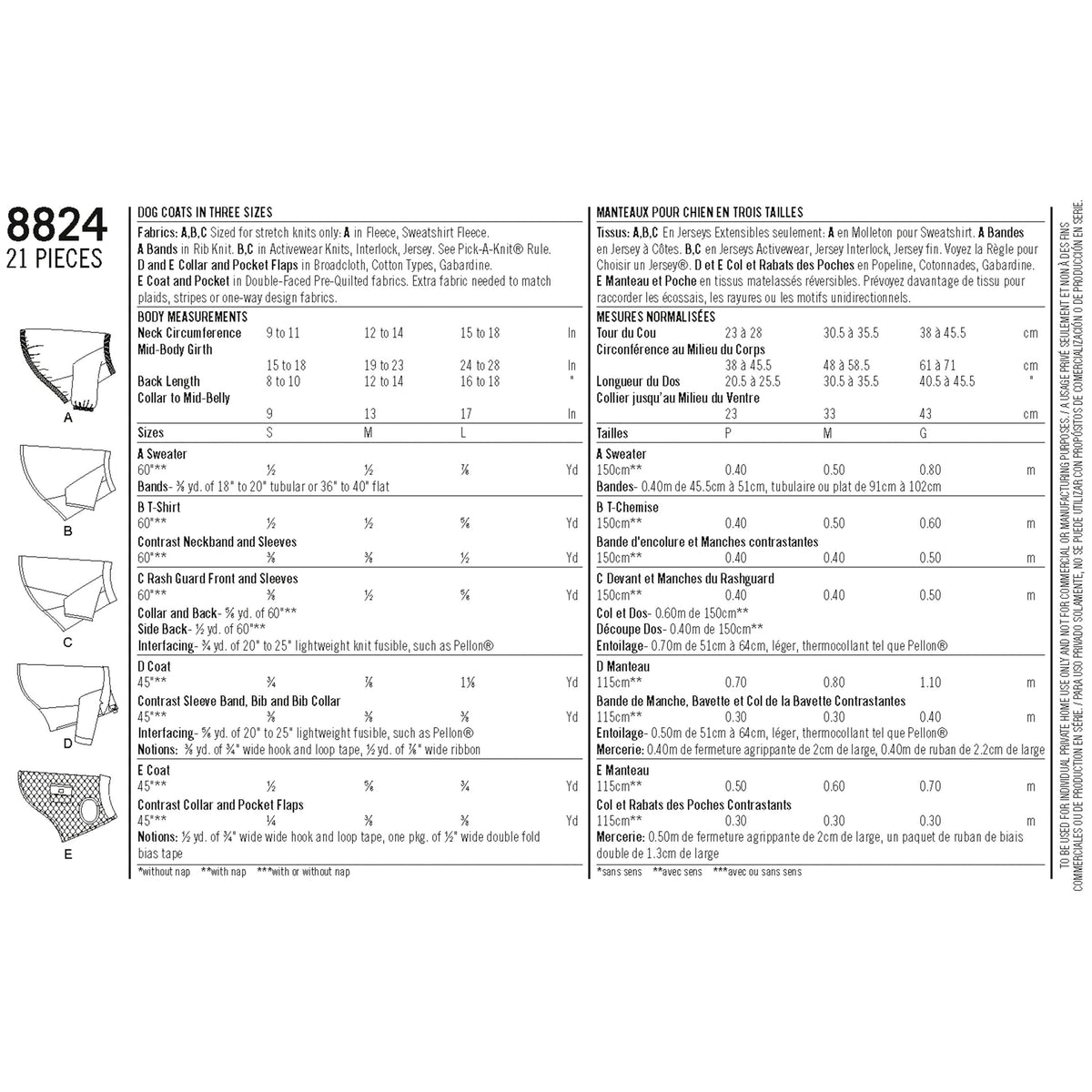 Pattern 8824 Dog Coats in Three Sizes