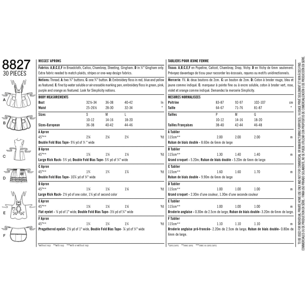 Pattern 8827 Misses' Aprons