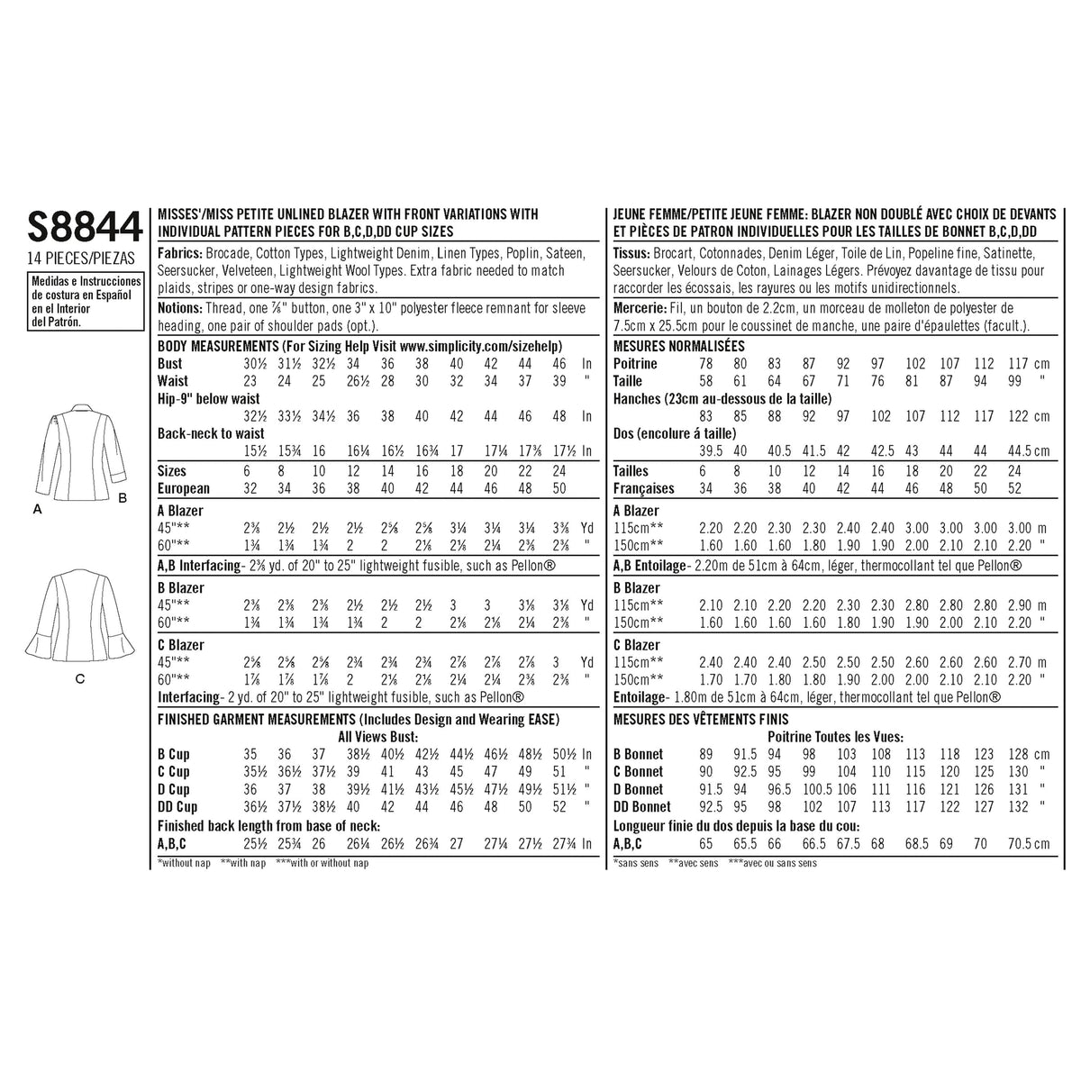 Simplicity Pattern S8844 Misses'/ Miss Petite Unlined Blazer