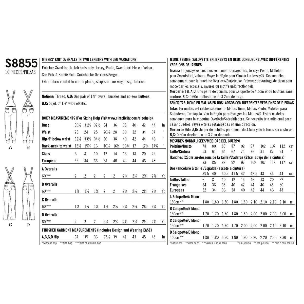 Simplicity Pattern S8855 Misses' Knit Overalls