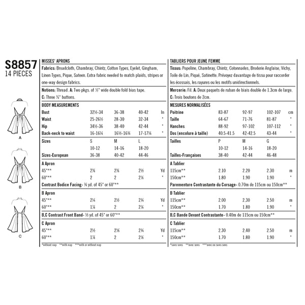 Pattern S8857 Misses' Aprons