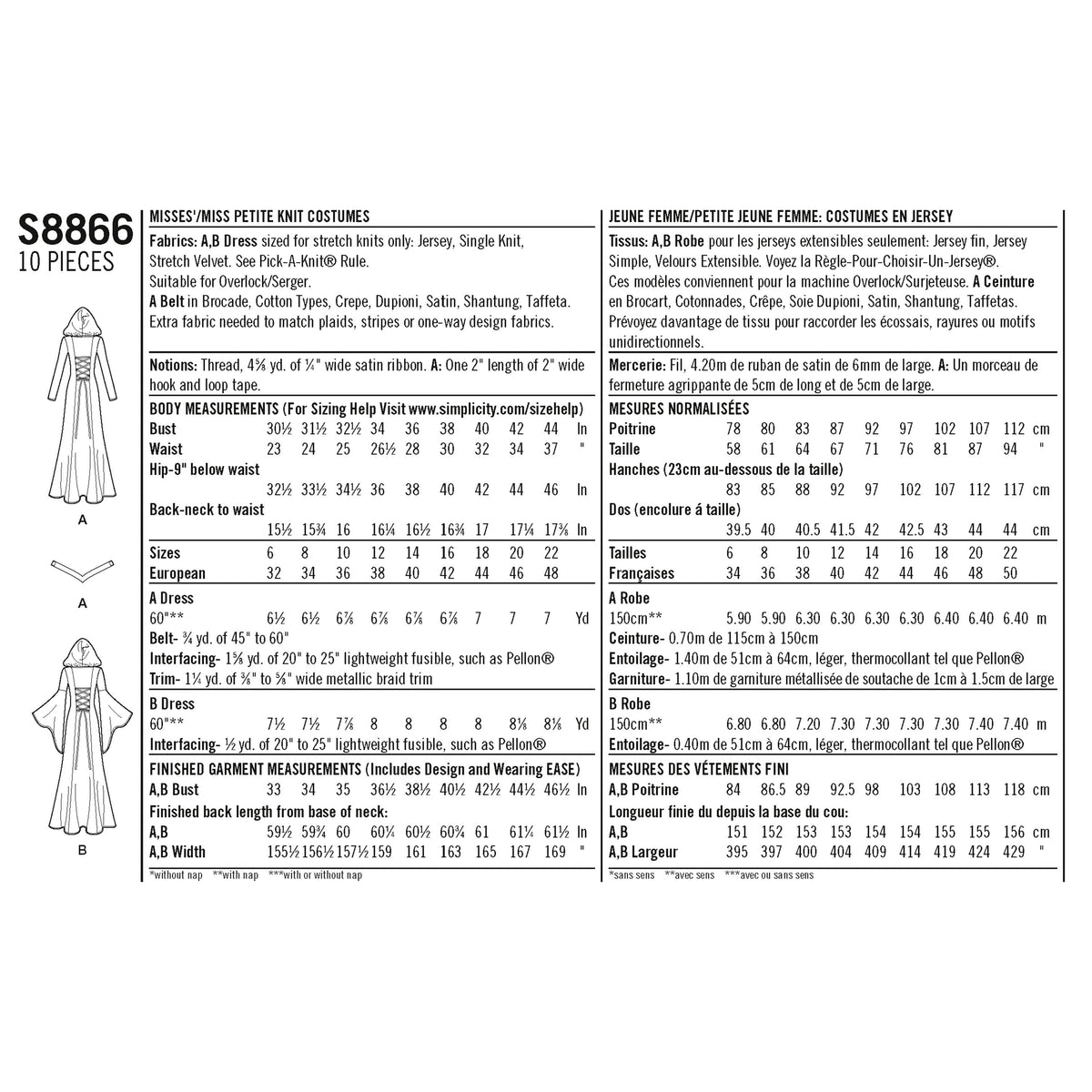 Simplicity Pattern S8866 Misses'/ Miss Petite Knit Costumes