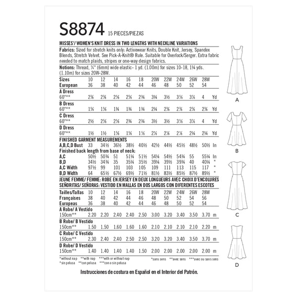 Simplicity Pattern S8874 Misses'/Women's Knit Dress