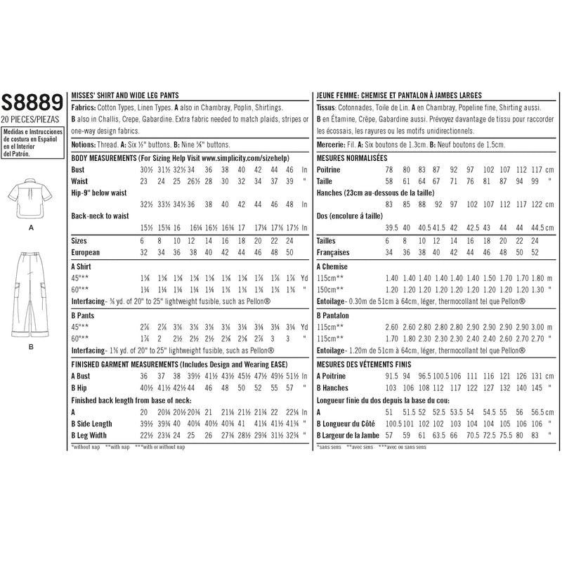 Simplicity Pattern S8889 Misses' Shirt and Wide Leg Pants