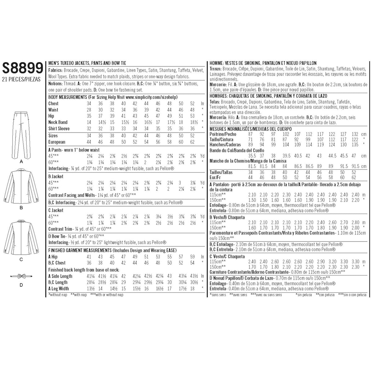 Simplicity Pattern S8899 Men's Tuxedo Jackets, Pants and Bow Tie