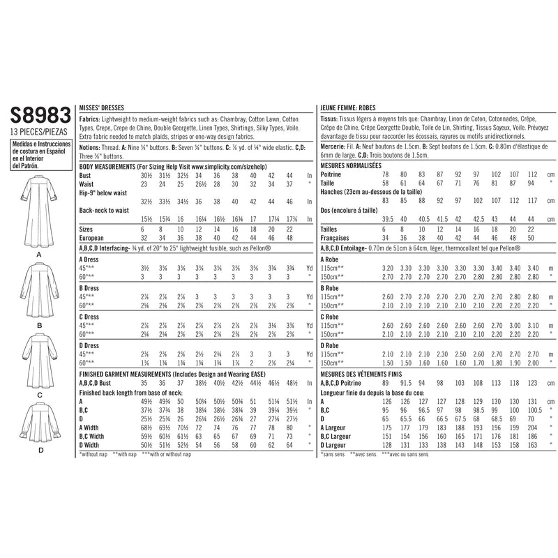 Simplicity Sewing Pattern S8983 Misses' Dresses with Sleeve Variation