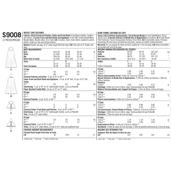 Simplicity Sewing Pattern S9008 Misses' Cape with Tie Costumes