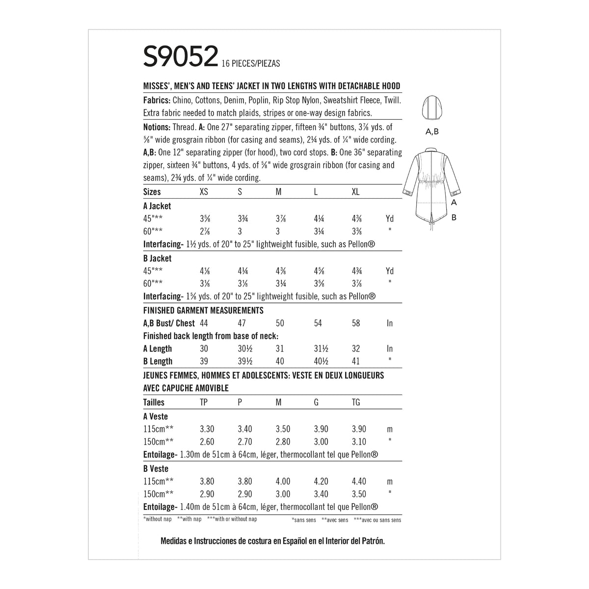 Simplicity Sewing Pattern S9052 Misses' Mens & Teen's Jacket & Hood