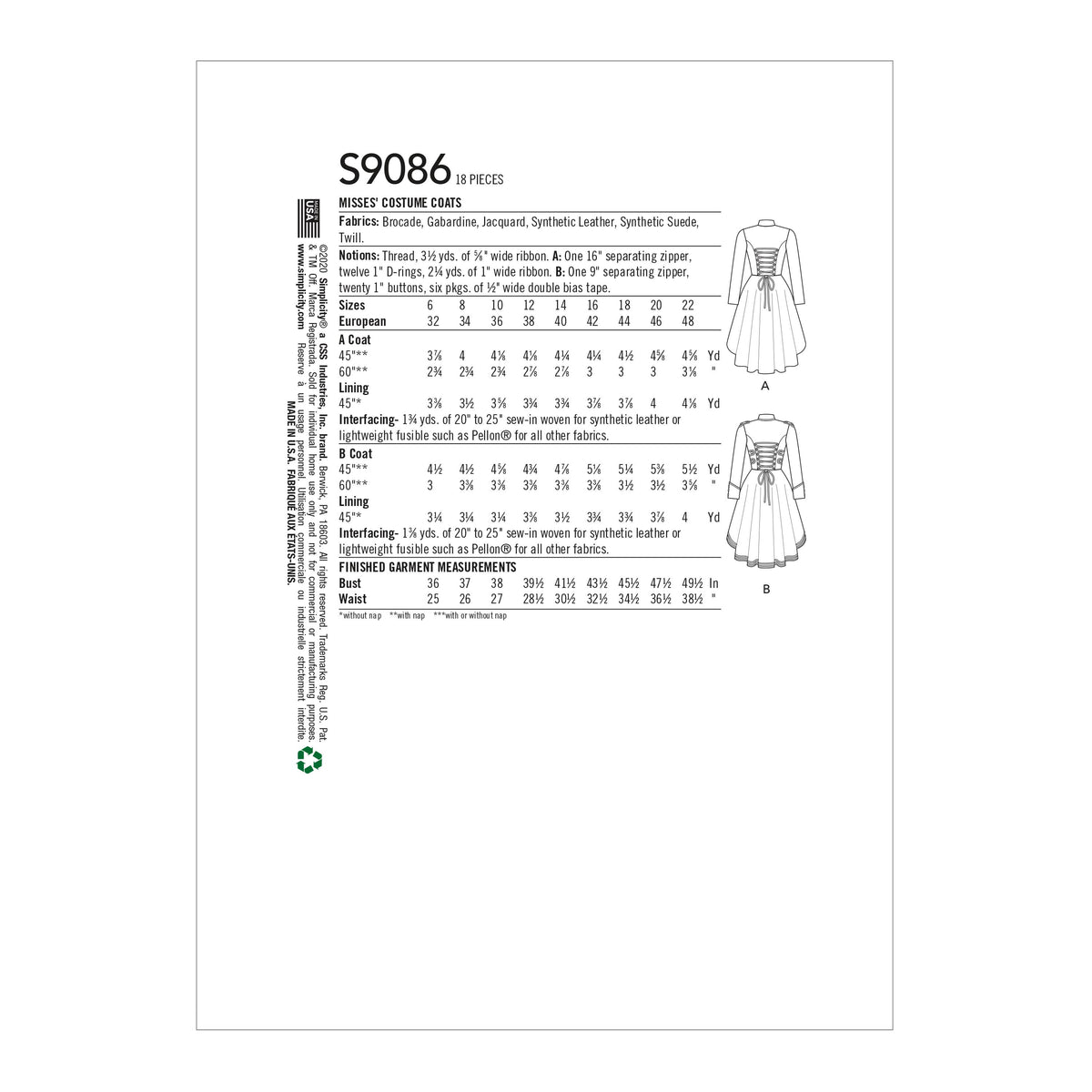 Simplicity Sewing Pattern S9086 Misses' Steampunk Costume Coats