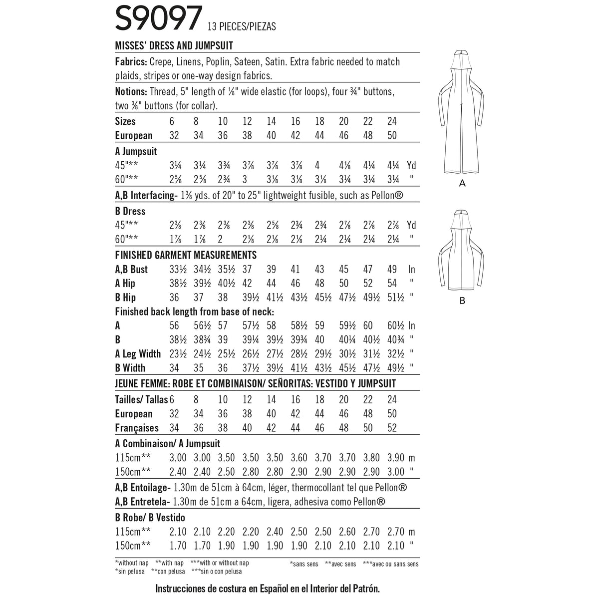 Simplicity Sewing Pattern S9097 Misses' Dress & Jumpsuit