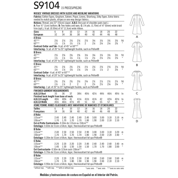 Simplicity Sewing Pattern S9104 Misses' Vintage Dresses With Sleeve & Neckline Variation