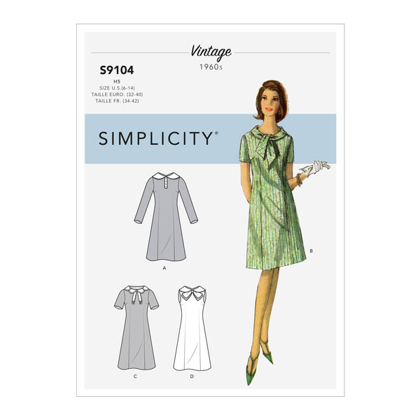 Simplicity Sewing Pattern S9104 Misses' Vintage Dresses With Sleeve & Neckline Variation