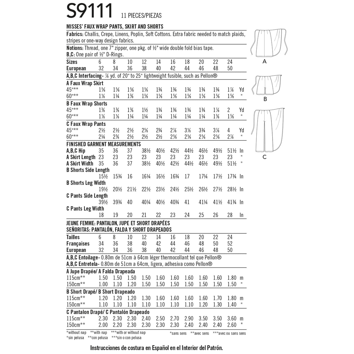 Simplicity Sewing Pattern S9111 Misses' Faux Wrap Pants, Skirt & Shorts