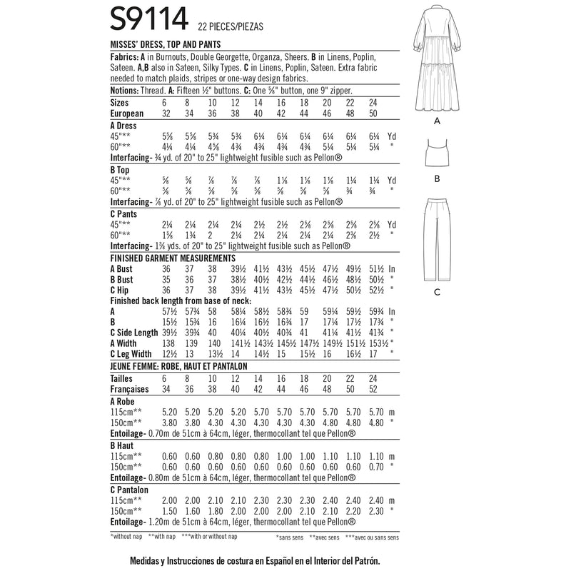 Simplicity Sewing Pattern S9114 Misses' Dress, Top & Pants