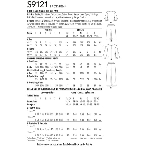 Simplicity Sewing Pattern S9121 Children's & Misses' Top & Pants