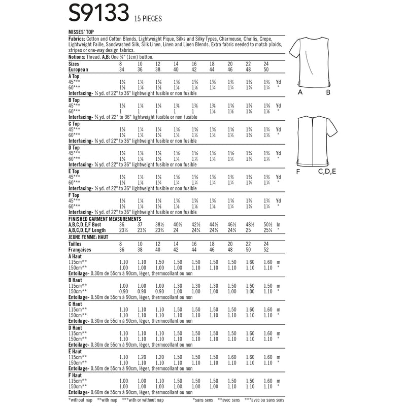 Simplicity Sewing Pattern S9133 Misses' Tops