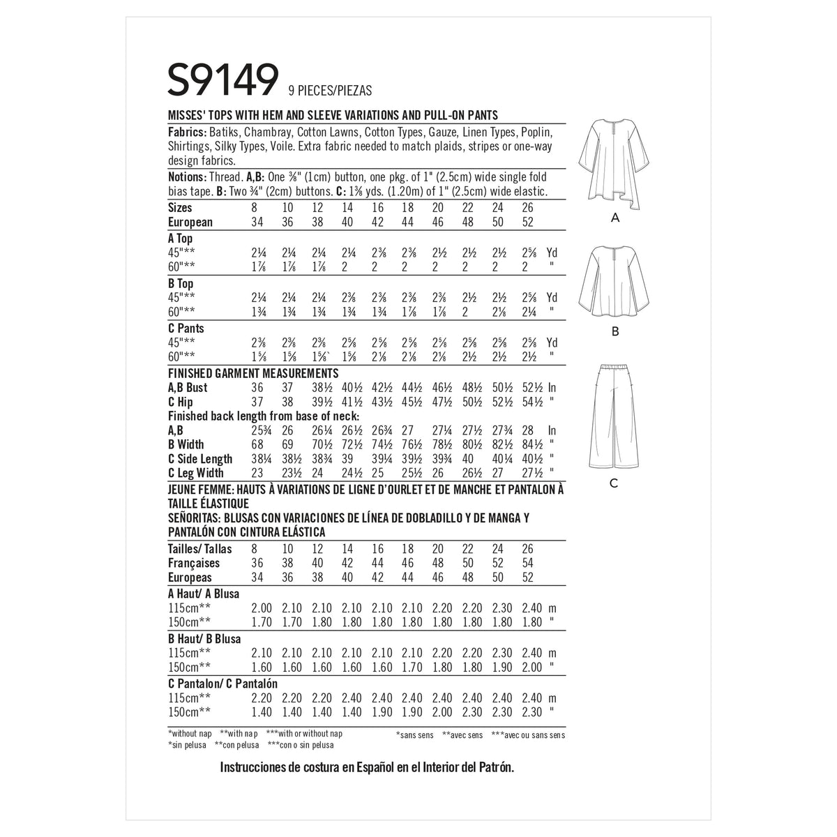Simplicity Sewing Pattern S9149 Misses' Tops & Pants