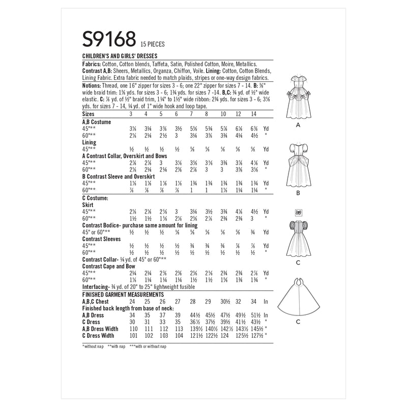 Simplicity Sewing Pattern S9168 Children's & Girls' Princess Costumes