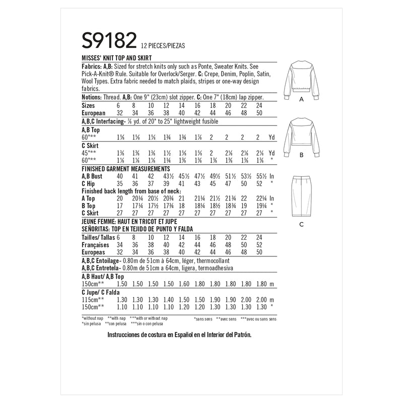 Simplicity Sewing Pattern S9182 Misses' Knit Top & Skirt