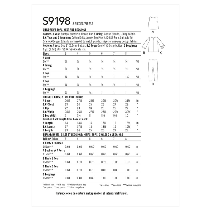 Simplicity Sewing Pattern S9198 Children's Tops, Vest & Leggings