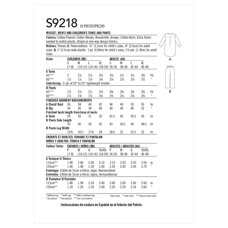 Simplicity Sewing Pattern S9218 Misses', Men's & Children's Tunic & Pants