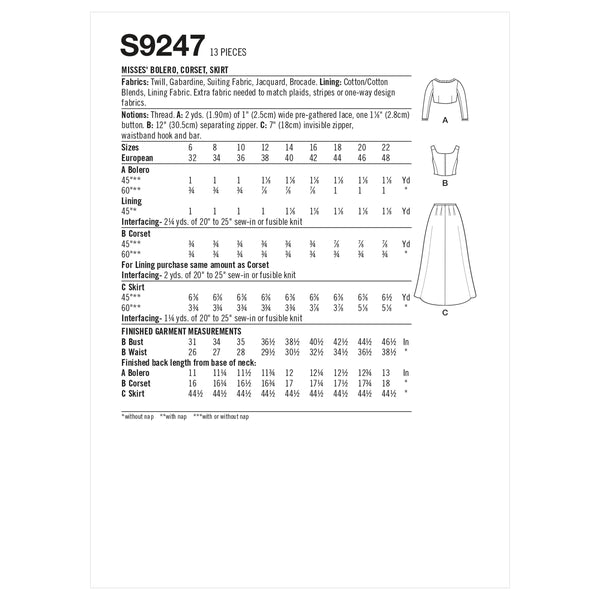 Simplicity Sewing Pattern S9247 Misses' Bolero, Corset, Skirt