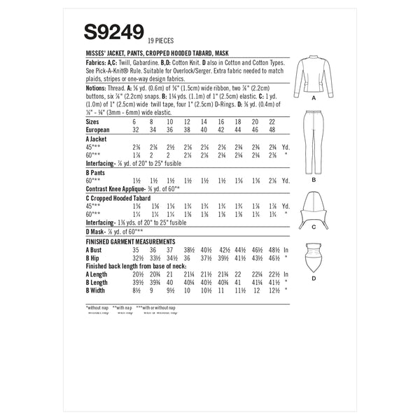 Simplicity Sewing Pattern S9249 Misses' Jacket, Pants, Cropped Hooded Tabard, Mask