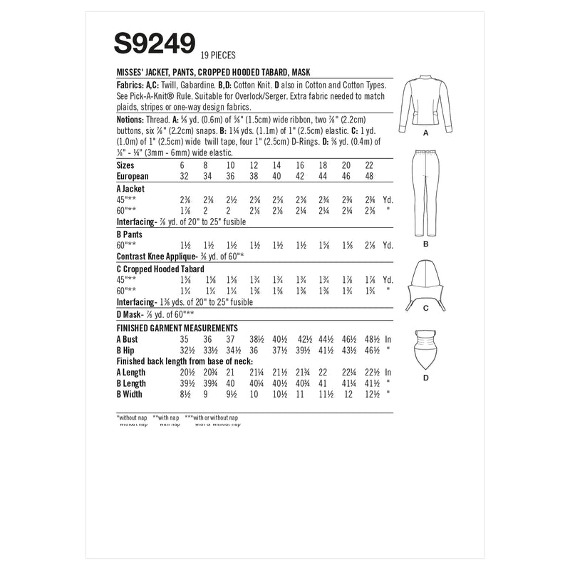 Simplicity Sewing Pattern S9249 Misses' Jacket, Pants, Cropped Hooded Tabard, Mask