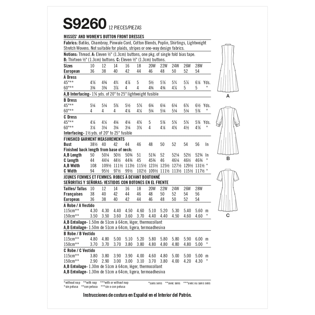 Simplicity Sewing Pattern S9260 Misses' & Women's Button Front Dresses