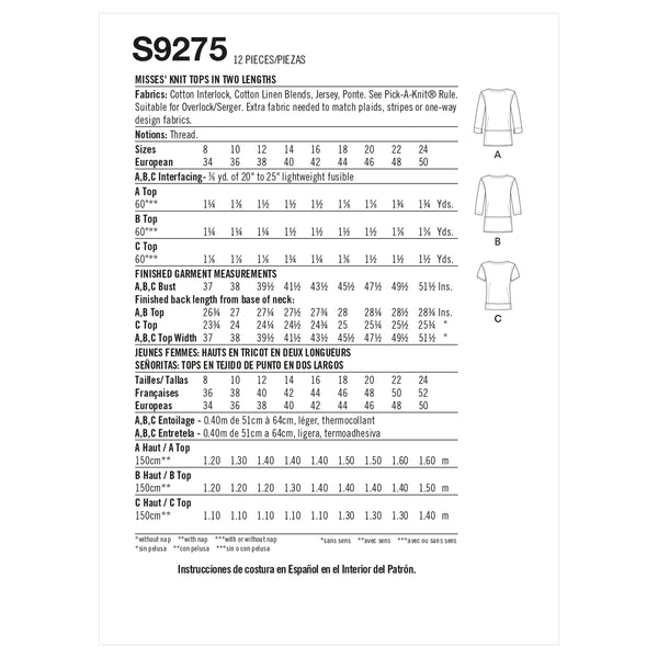 Simplicity Sewing Pattern S9275 Misses' Knit Tops In Two Lengths